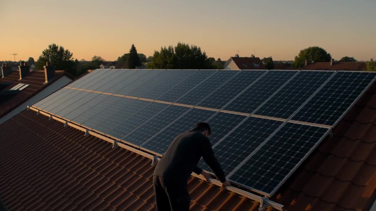 Solarmodule auf einem Hausdach bei Sonnenuntergang