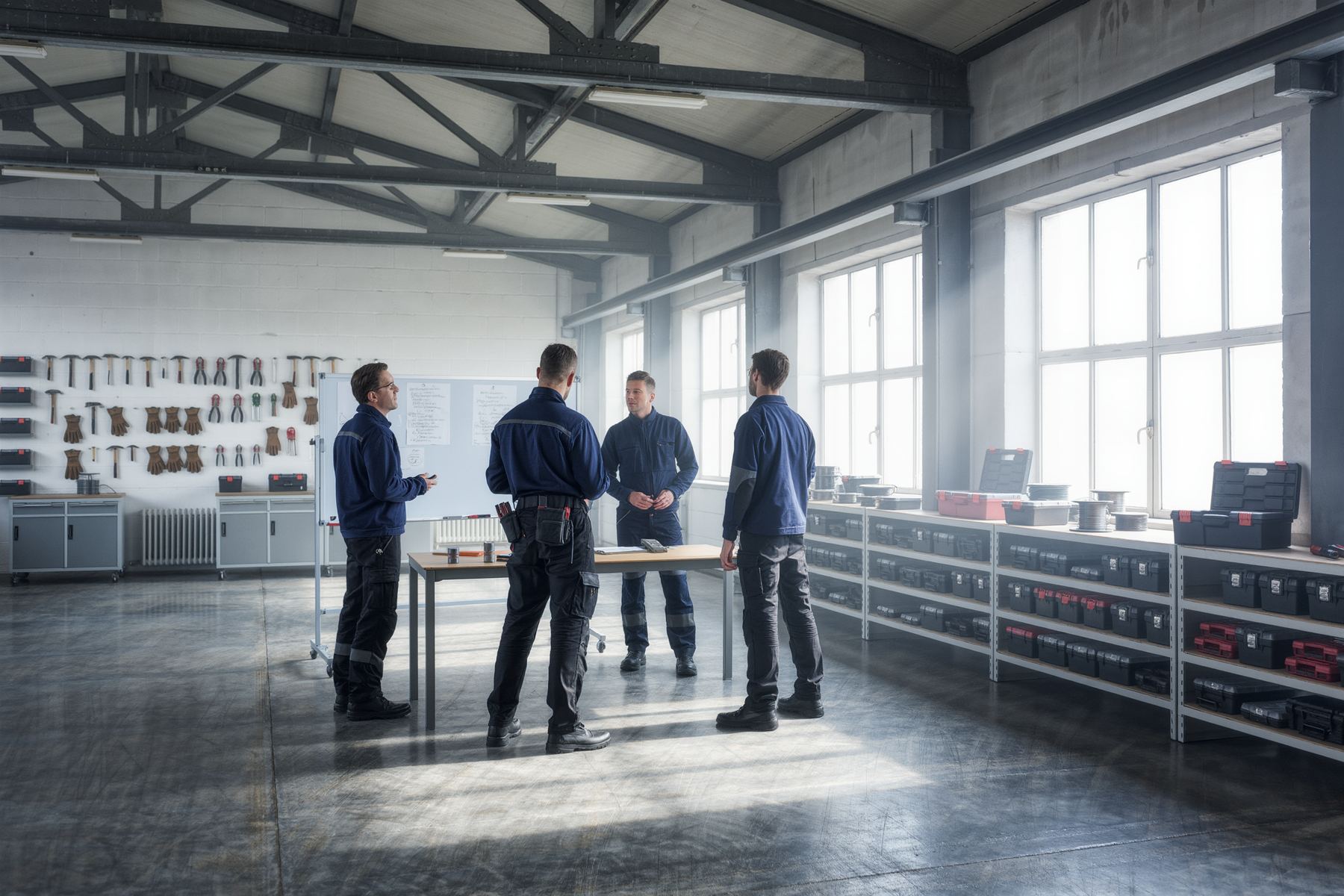 Team in der Werkstatt bei der Morgenbesprechung
