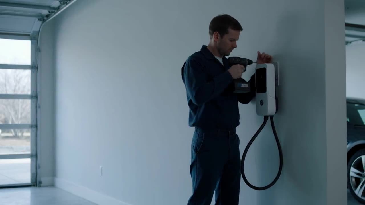 Elektriker montiert eine Wallbox in der Garage