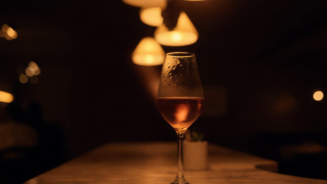 Glas Rotwein bei Kerzenlicht