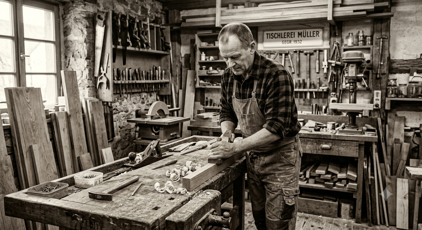 Schreinermeister an der Hobelbank, historisches Foto