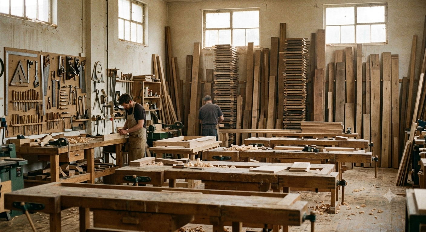 Werkstatt mit Bohlenlager